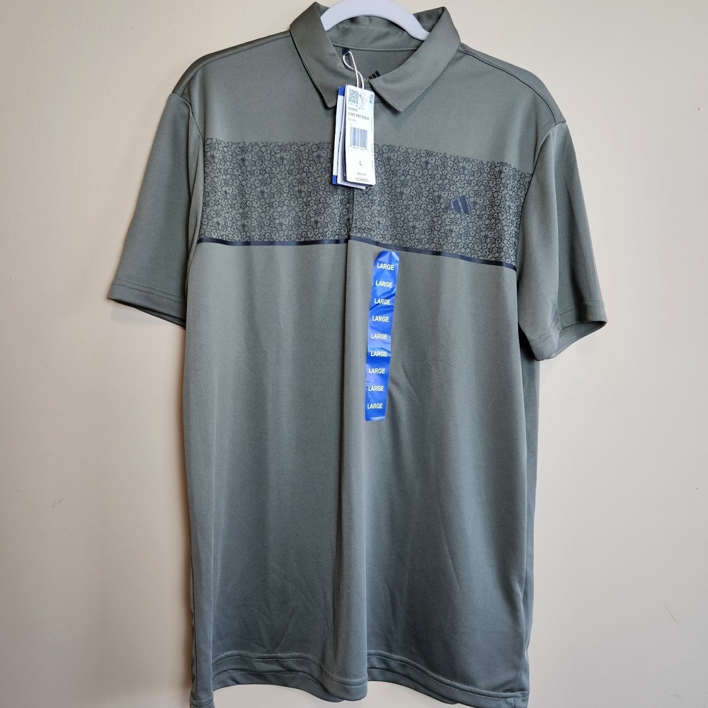 Adidas Golf‎ Polo Shirt Men's Large Green Gray Printed Stripe Performance NWT